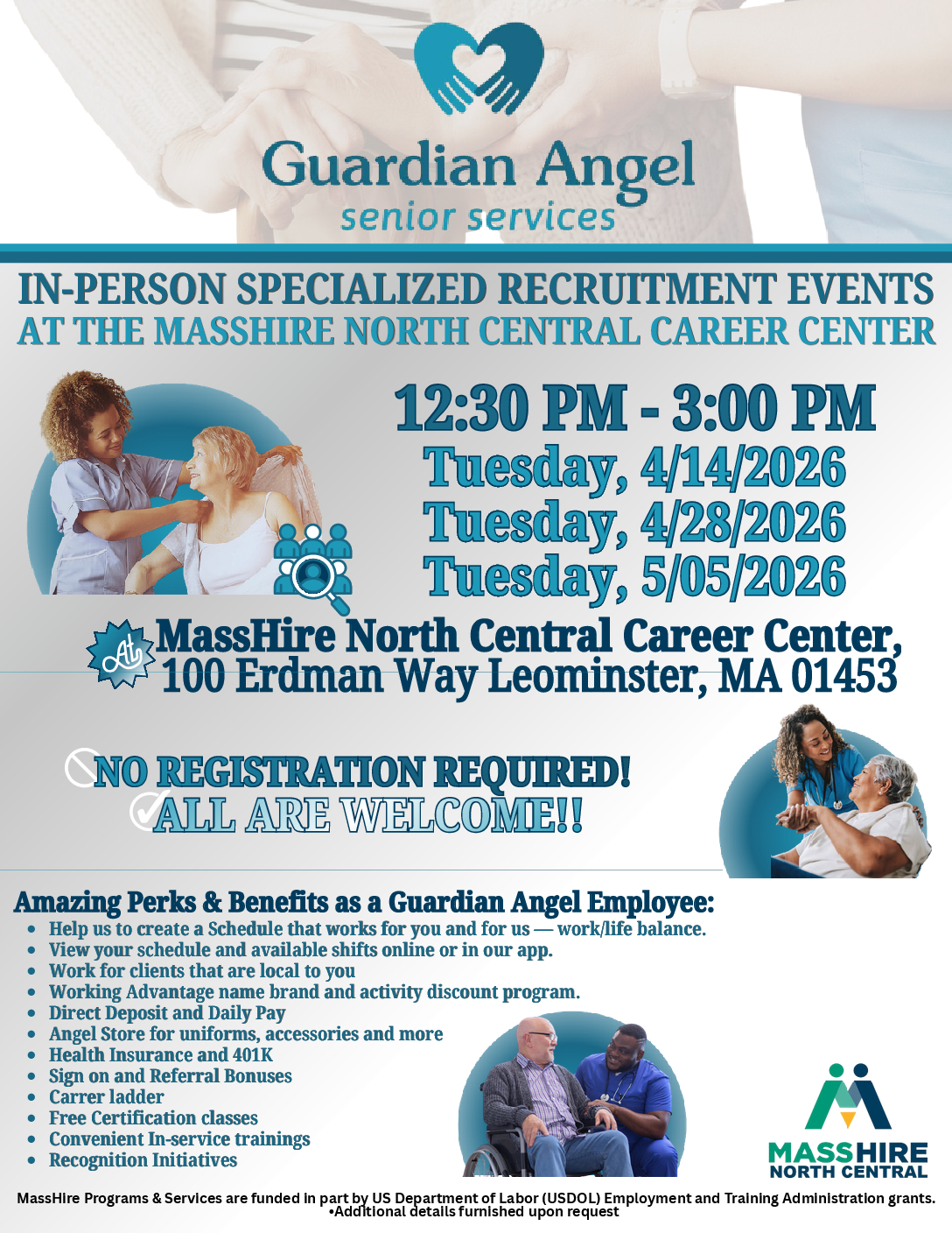 in-person specialized recruitments for guardian angel, on tuesday 4/14/2026,4/28/2026, & 5/05/2026 from 12:30pm-3pm here in our office at the North Central Career Center, 100 Erdman way, Leominster MA 01543